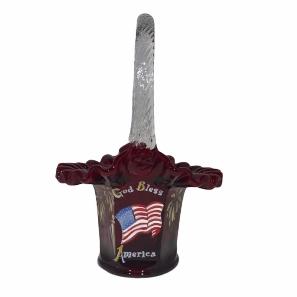 FENTON GOD BLESS AMERICA HAND PAINTED PATRIOTIC RED GLASS BASKET